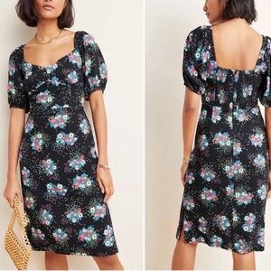 Anthropologie Scarletta Sweetheart Midi Dress Sz 0 Black Floral Print